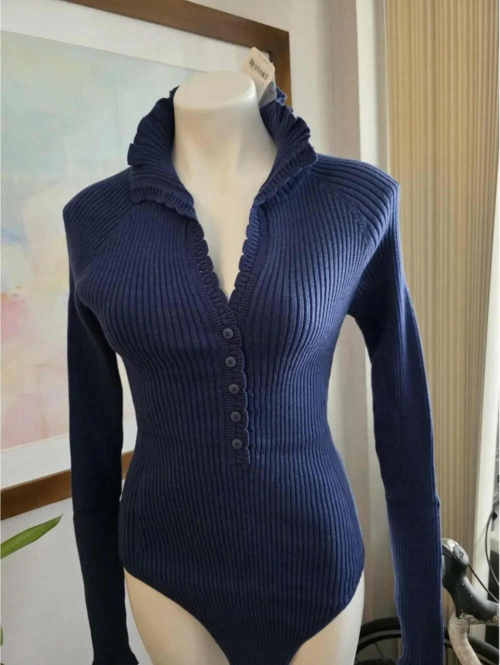 Free People Ready For It Ribbed Knit Scalloped Bodysuit Top Navy Blue Size Large